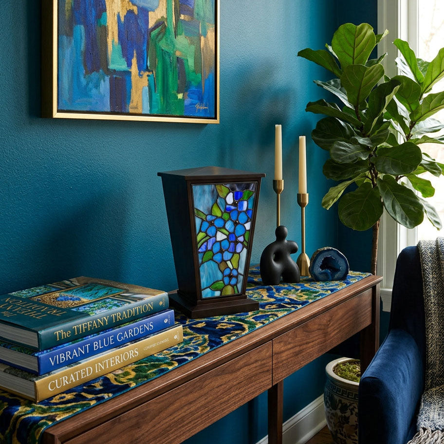 Blue Forget-Me-Not Stained Glass Cremation Urn in a home decor setting.