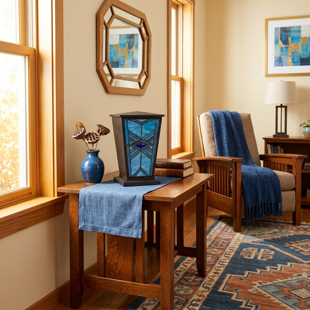 Blue geometric stained-glass cremation urn in a home decor setting.