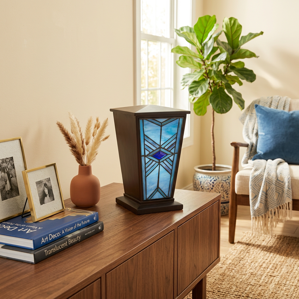 Blue geometric stained-glass cremation urn in a home decor setting on a cabinet.