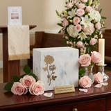 Keystone White Marble Cremation Urn With Roses + Precious Pink Inlay
