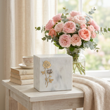 Keystone White Marble Cremation Urn With Roses + Precious Pink Inlay