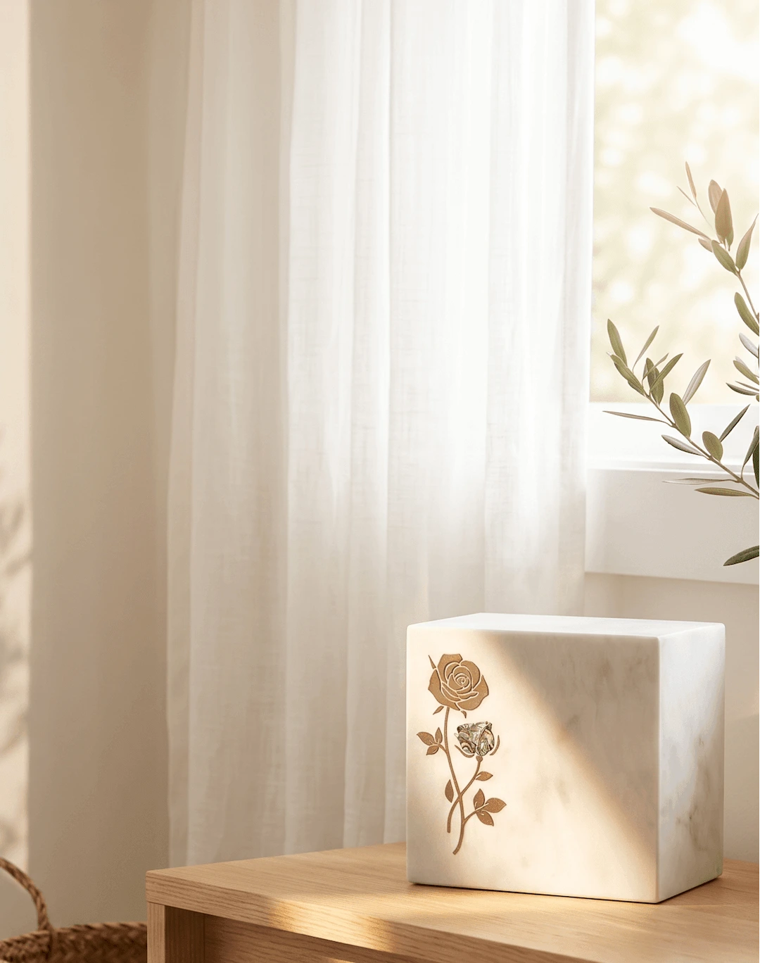 A square cream-colored marble cremation urn for ashes with a laser-engraved rose design, styled on a light wood table in a warm, sunlit room next to a potted plant.