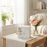 Keystone White Marble Cremation Urn With Roses + Precious Pink Inlay