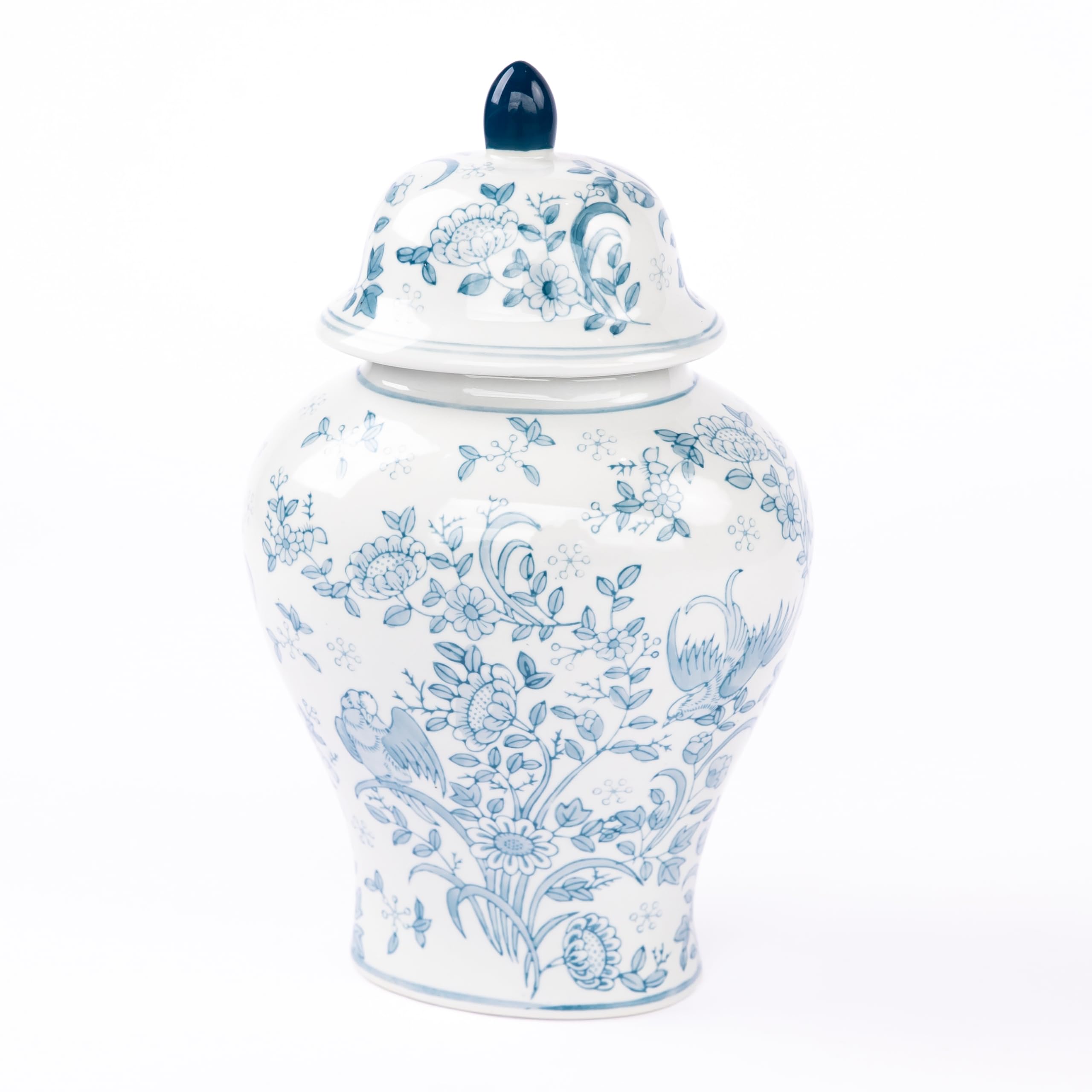 A ceramic ginger jar cremation urn with blue floral chinoiserie design on a white background, including a lid with a blue finial.
