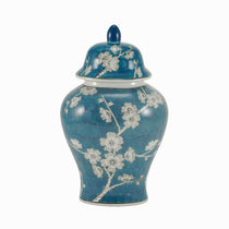 A blue ceramic urn featuring a delicate plum blossom design main image.