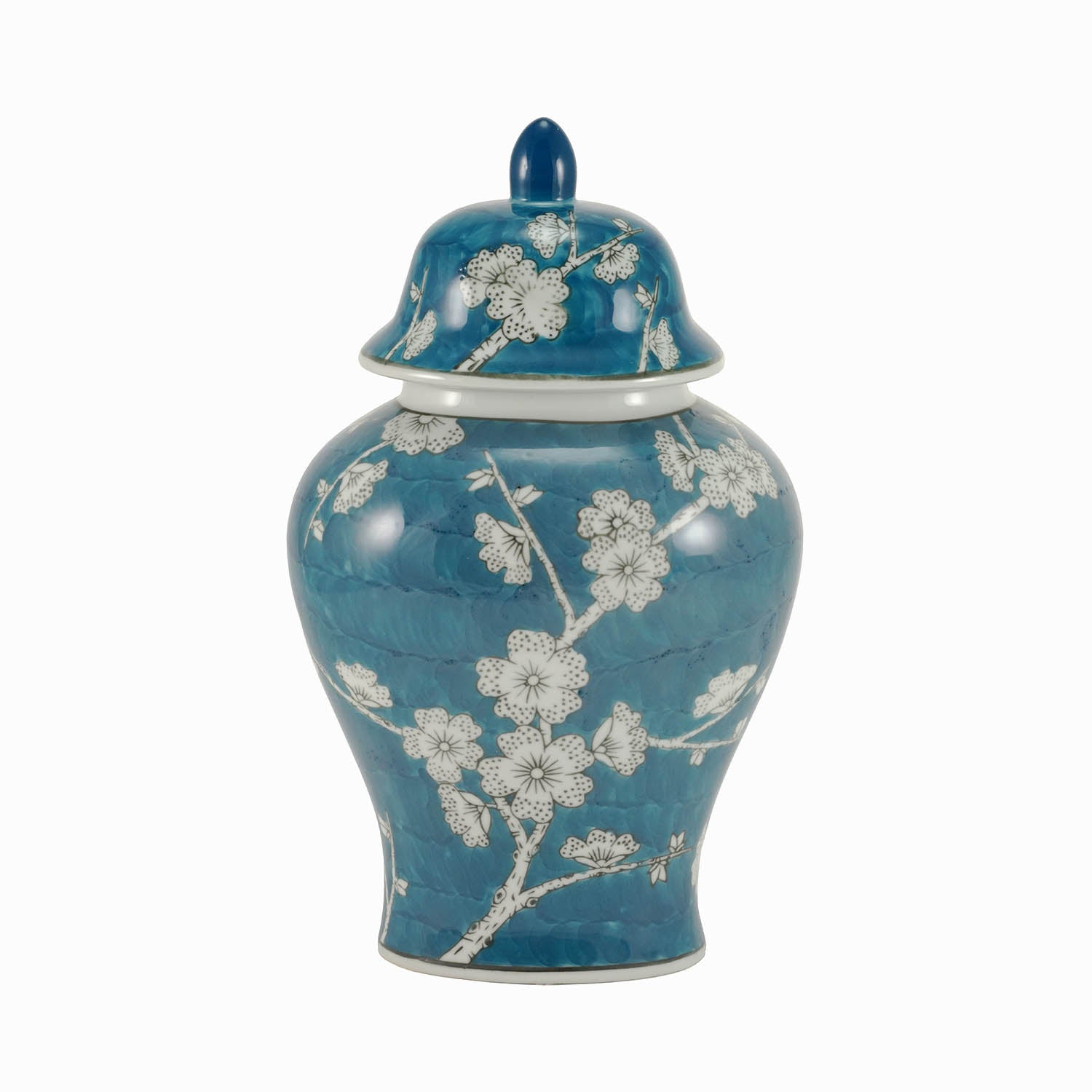 A blue ceramic urn featuring a delicate plum blossom design on a blue ginger jar shaped urn. 