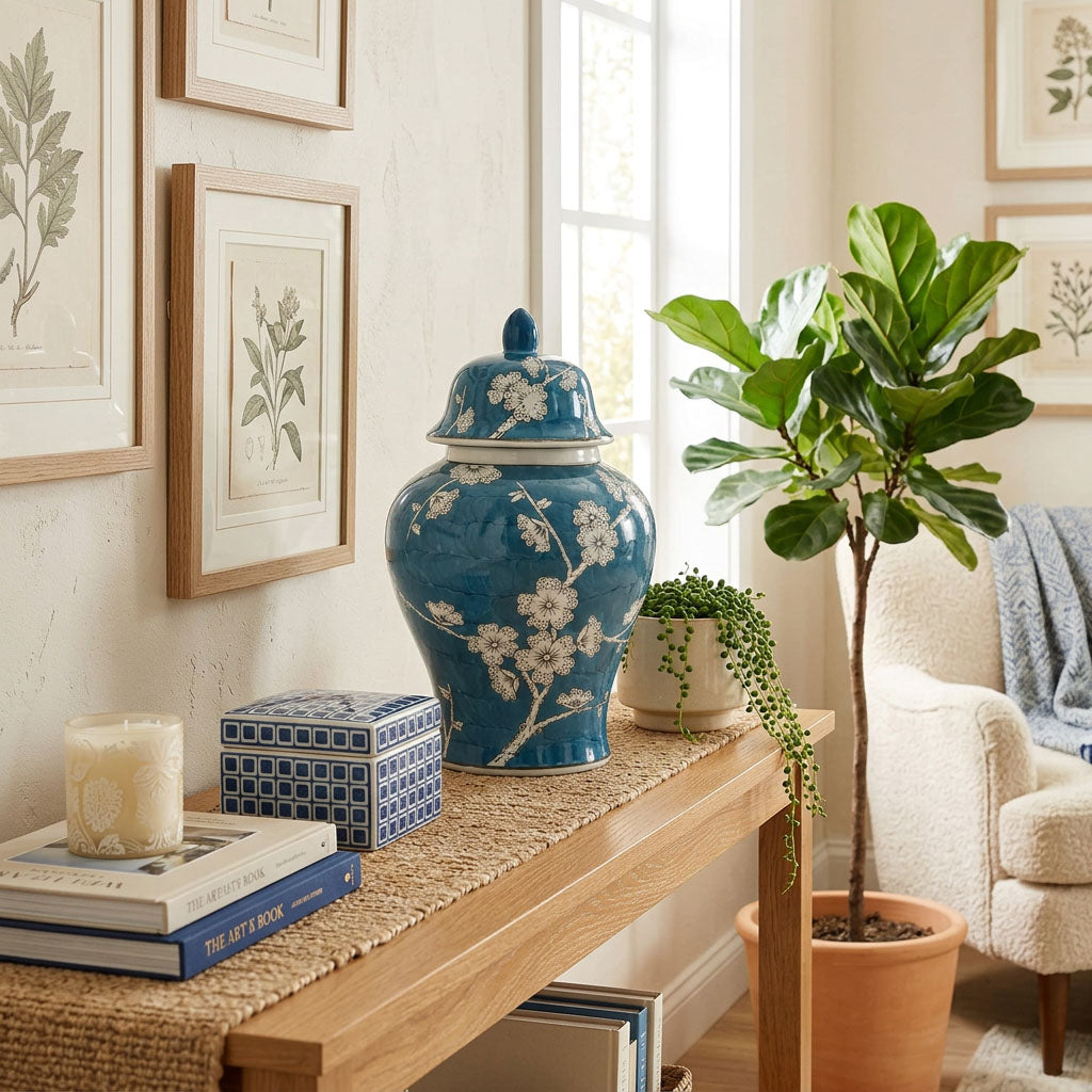 A blue ceramic urn in a ginger jar shape featuring a delicate plum blossom design in a home decor setting on a table.