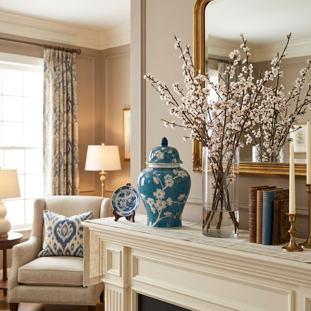 A blue ceramic urn featuring a delicate plum blossom design in a home decor setting on a mantelpiece.