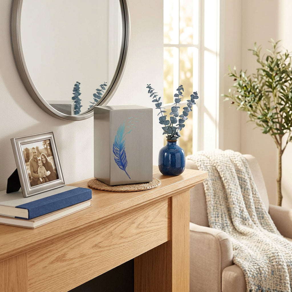 A metal cremation urn featuring a blue feather design that transcends into birds taking flight on a mantle.