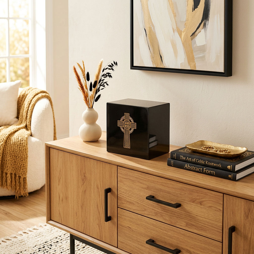 Natural black marble cremation urn with hand crafted gold celtic cross and pink shell inlay in a home decor setting.