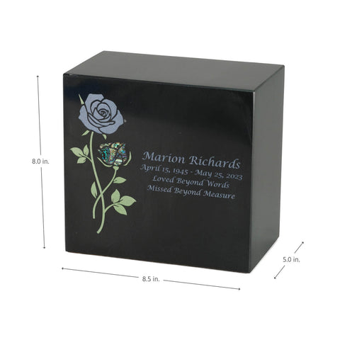 Keystone Black Marble Cremation Urn With Roses + Opulent Blue Inlay