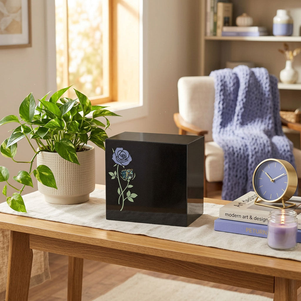 Natural black marble urn featuring blue rose design with shell inlay in a home decor setting.
