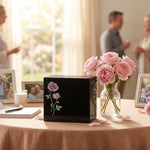Keystone Black rectangular marble urn featuring shimmering pink roses in a celebration of life setting.