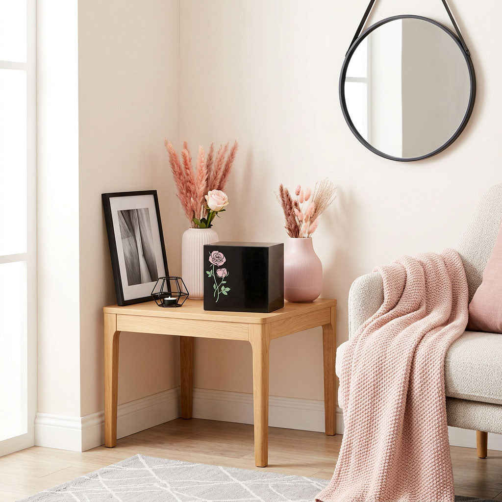 Black, natural marble urn featuring shimmering pink roses in a home decor setting.