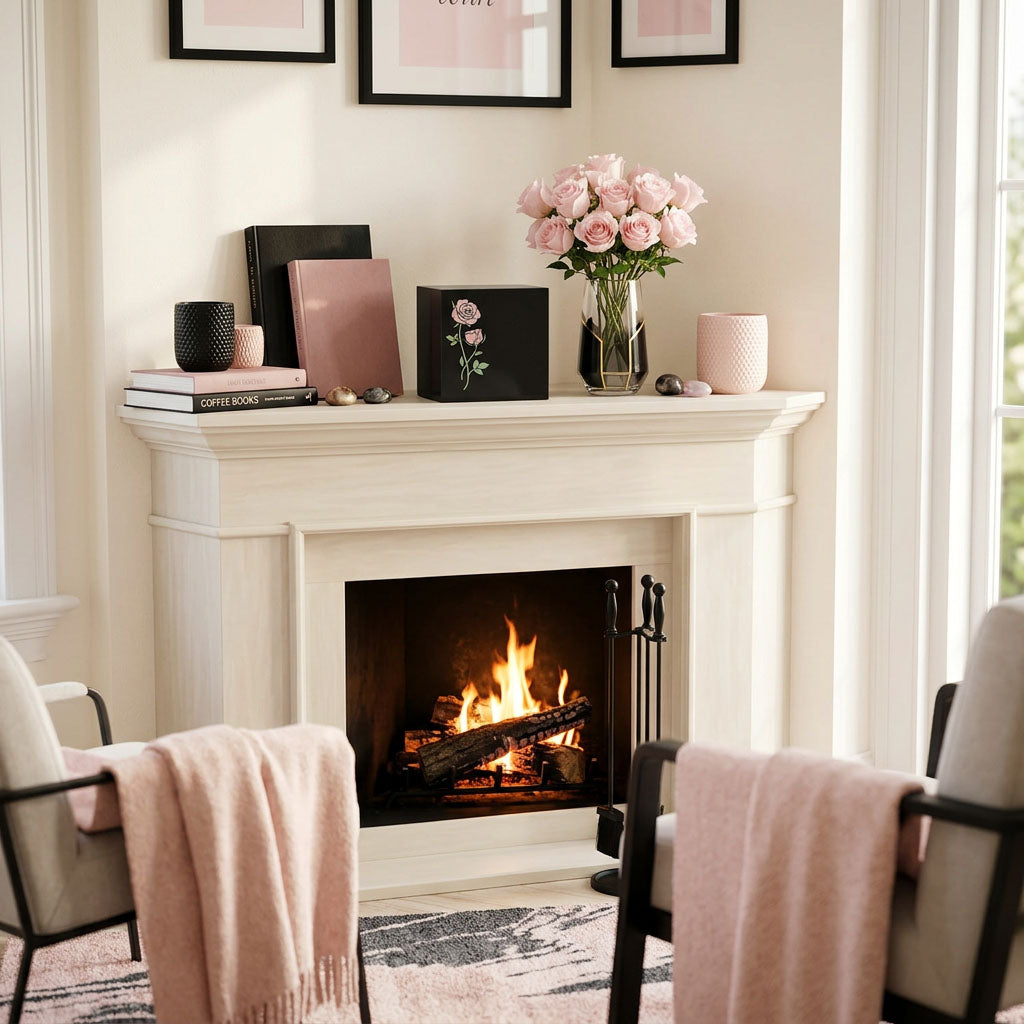 Black, natural marble urn featuring shimmering pink roses above a fireplace.