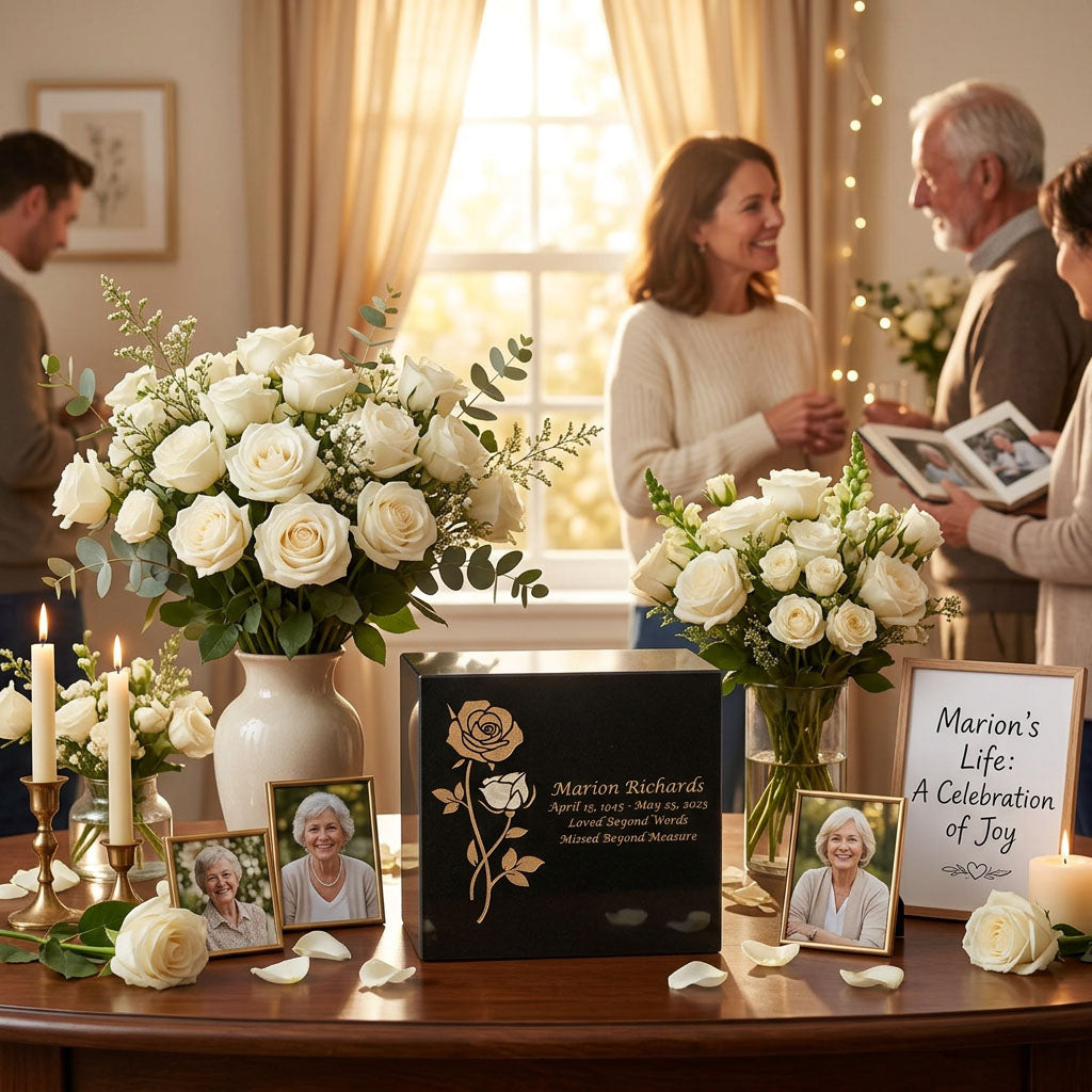 Natural black marble cremation box urn featuring handcrafted gold rose designs with pink shell inlay in a celebration of life setting.