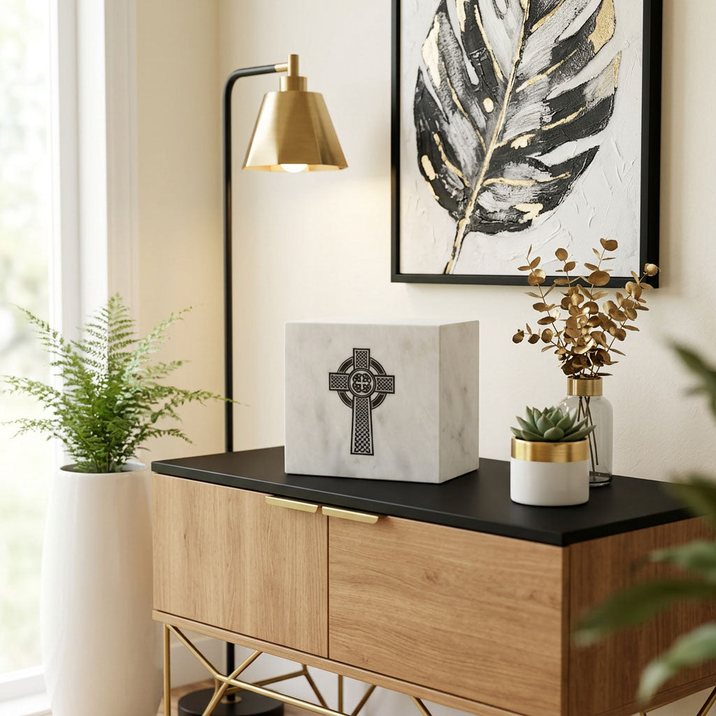 Natural white marble cremation urn with hand crafted Celtic Cross with a shimmery black finish in a home decor setting.