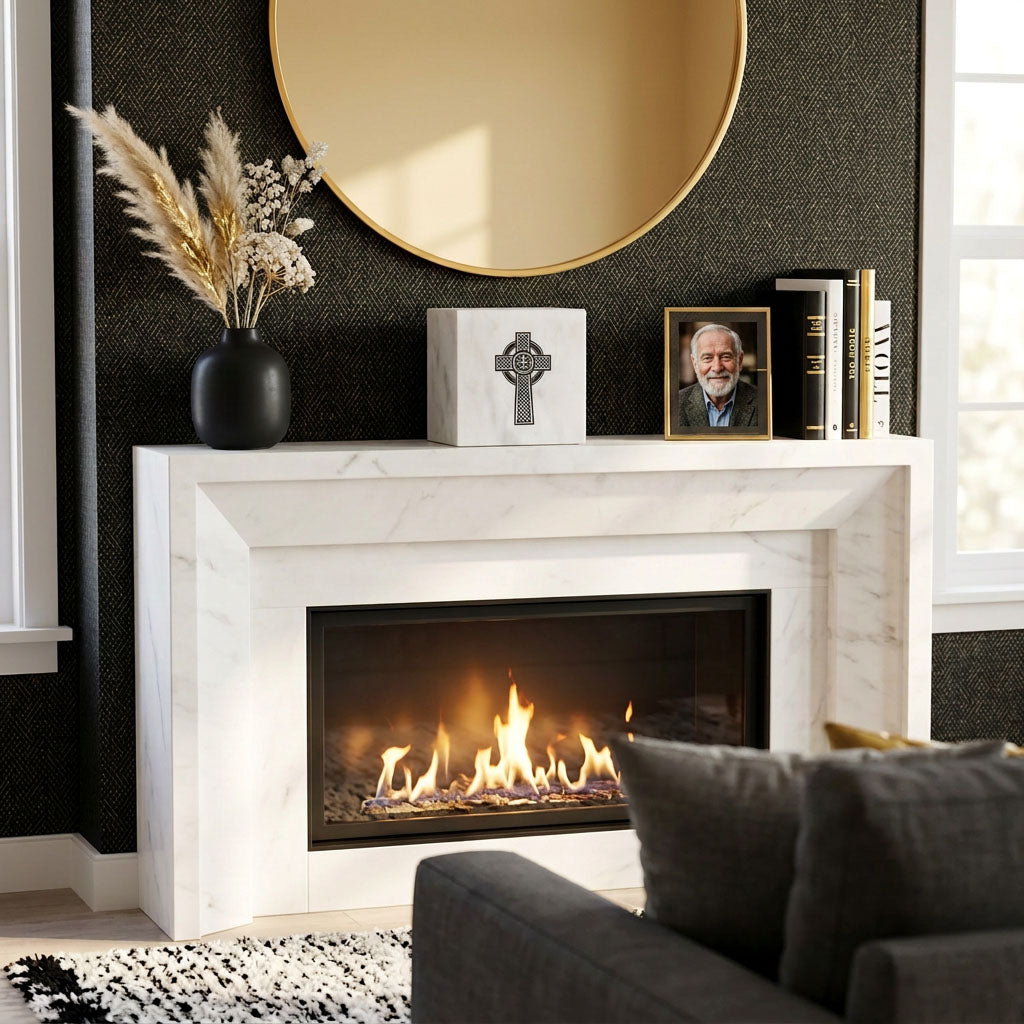 Natural white marble box urn with hand engraved Celtic Cross with a shimmery black finish in a home decor setting.