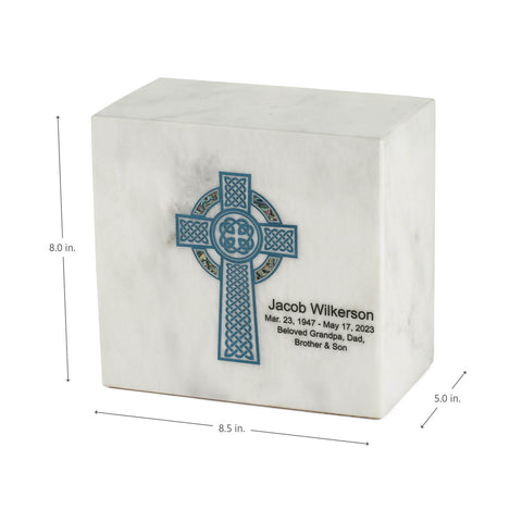 Keystone White Marble Cremation Urn With Blue Celtic Cross + Opulent Blue Inlay