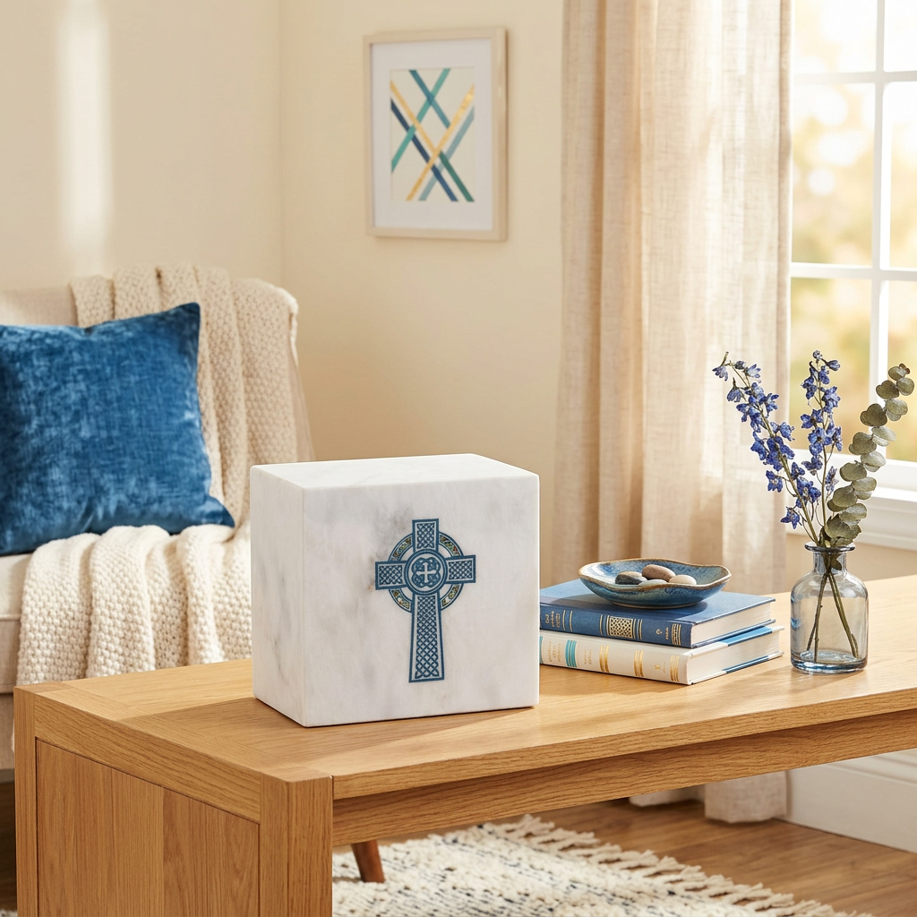 Keystone natural marble urn featuring a blue celtic cross with shell inlay in a home decor setting.