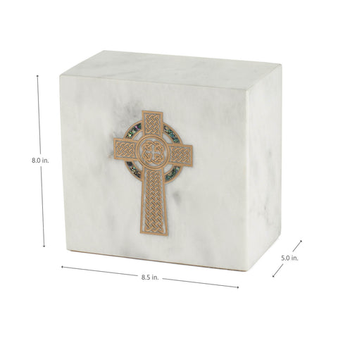 Keystone White Marble Cremation Urn With Gold Celtic Cross + Opulent Blue Inlay