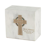 Keystone White Marble Cremation Urn With Gold Celtic Cross + Opulent Blue Inlay