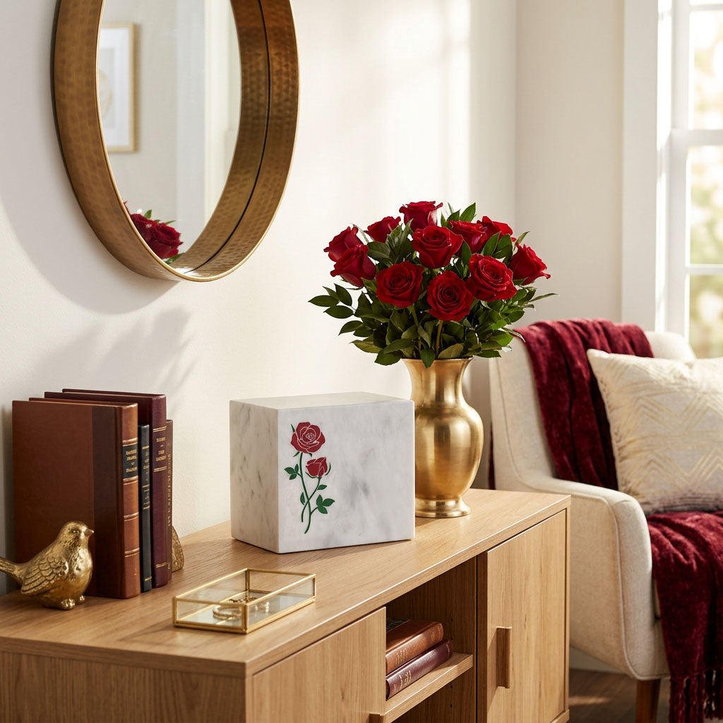 Natural white marble cremation urn with hand crafted red roses in a home decor setting.