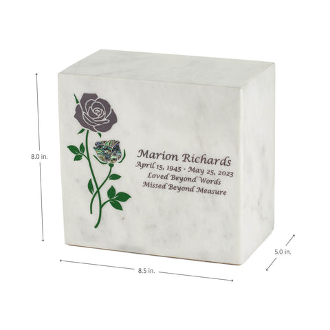 Keystone White Marble Cremation Urn With Roses + Opulent Blue Inlay