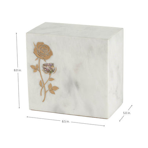 Keystone White Marble Cremation Urn With Roses + Precious Pink Inlay