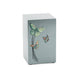 Pewter cremation urn with green and red butterfly design on blue-gray body
