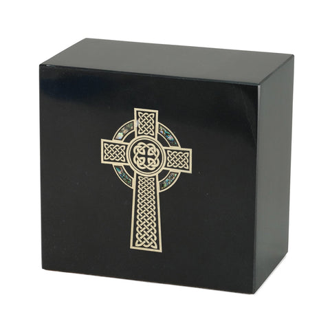 Keystone Black Marble Cremation Urn With Celtic Cross + Blue Paua Inlay