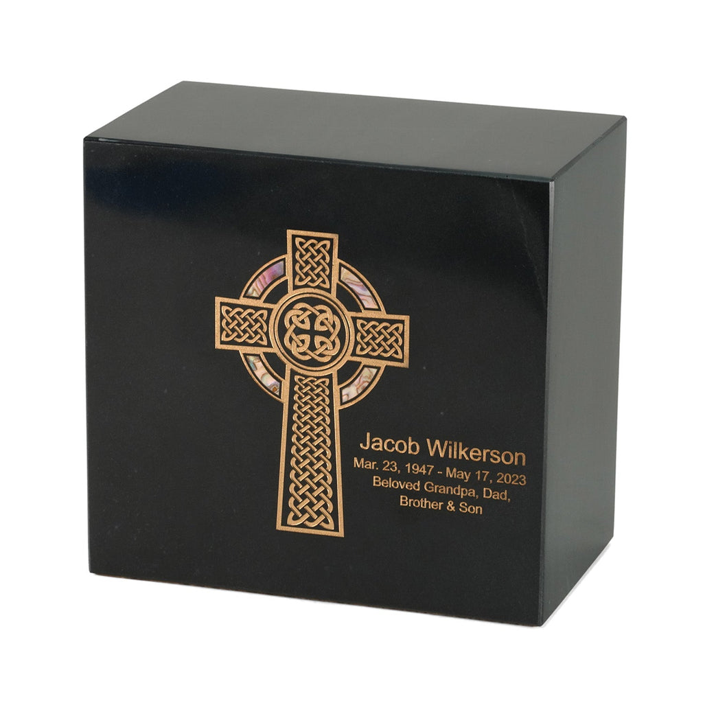 Keystone Black Marble Cremation Urn With Celtic Cross + Pink Paua Inlay