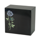 Natural black marble urn featuring blue rose design with shell inlay main image.
