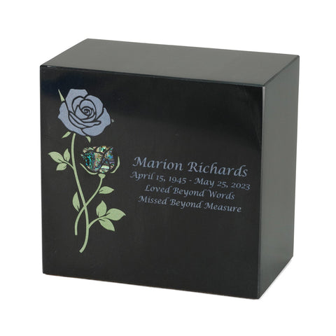 Keystone Black Marble Cremation Urn With Roses + Blue Paua Inlay