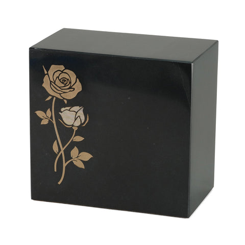 Keystone Black Marble Cremation Urn With Roses + Pink Paua Inlay