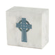 Keystone natural marble urn featuring a blue celtic cross with shell inlay main image.