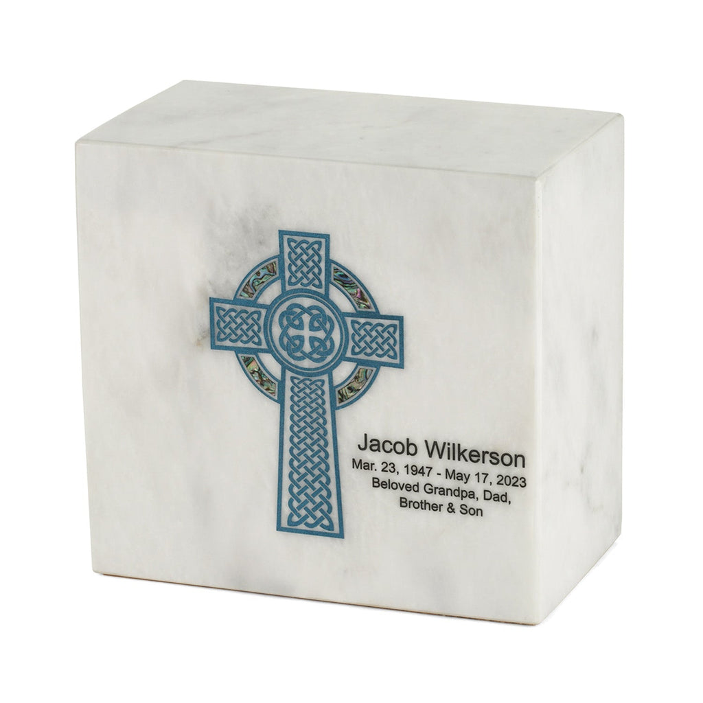 Keystone White Marble Cremation Urn With Blue Celtic Cross + Opulent Blue Inlay