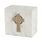 White natural marble urn with gold celtic cross and blue shell inlay main image.