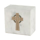 White natural marble urn with gold celtic cross and blue shell inlay main image.