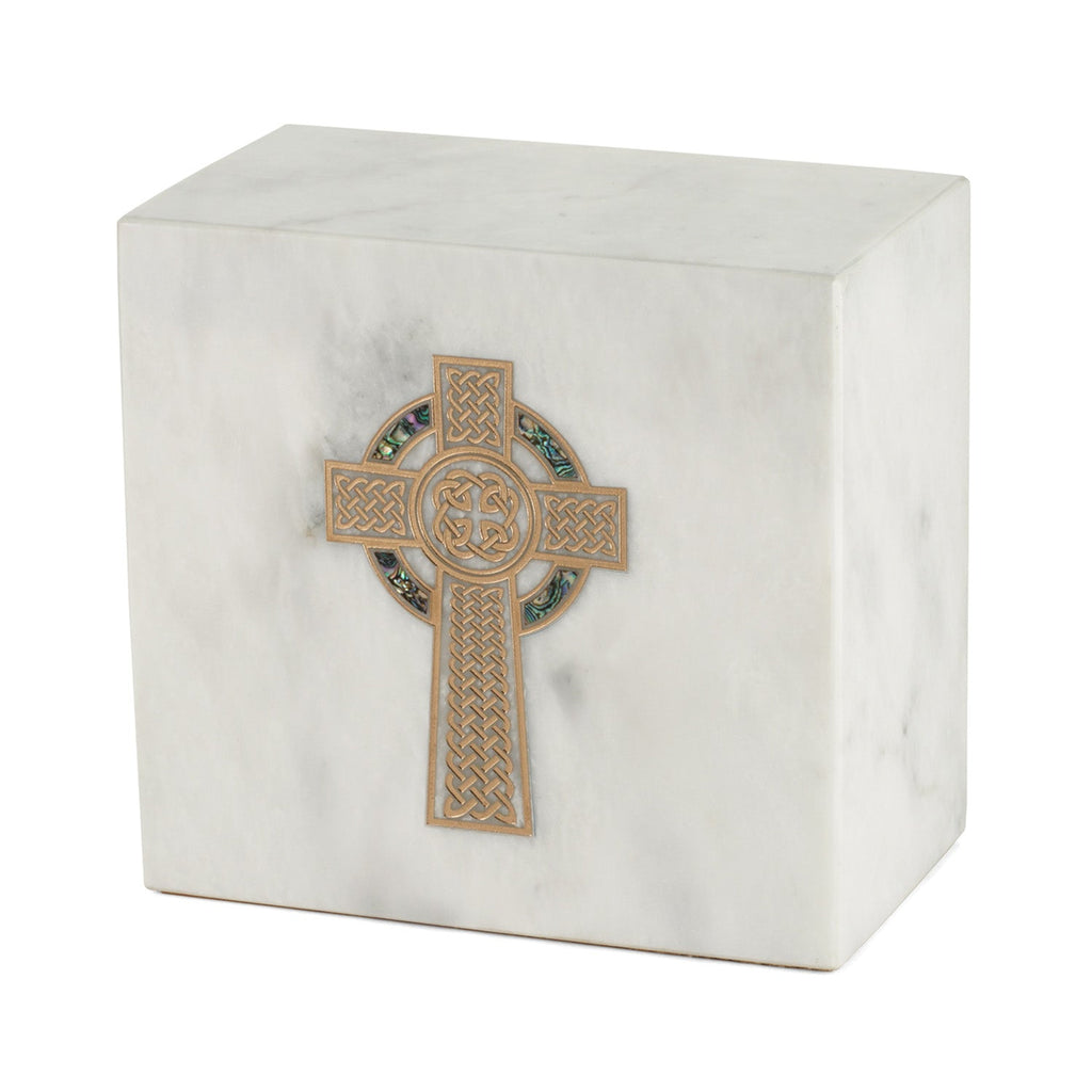 Keystone White Marble Cremation Urn With Gold Celtic Cross + Blue Paua Inlay