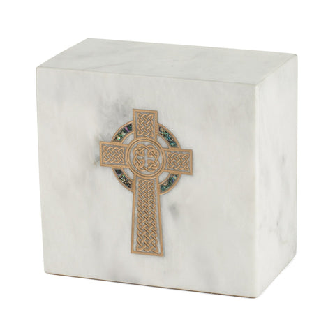 Keystone White Marble Cremation Urn With Gold Celtic Cross + Opulent Blue Inlay