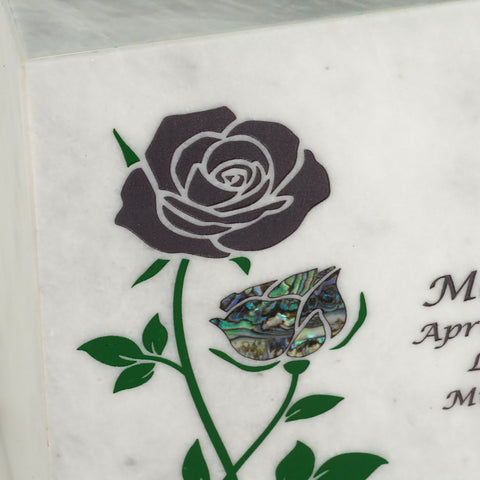 Keystone White Marble Cremation Urn With Roses + Blue Paua Inlay