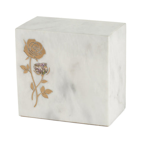 Keystone White Marble Cremation Urn With Roses + Pink Paua Inlay