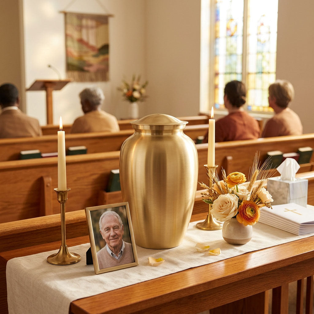 Golden metal cremation urn in a funeral service setting.