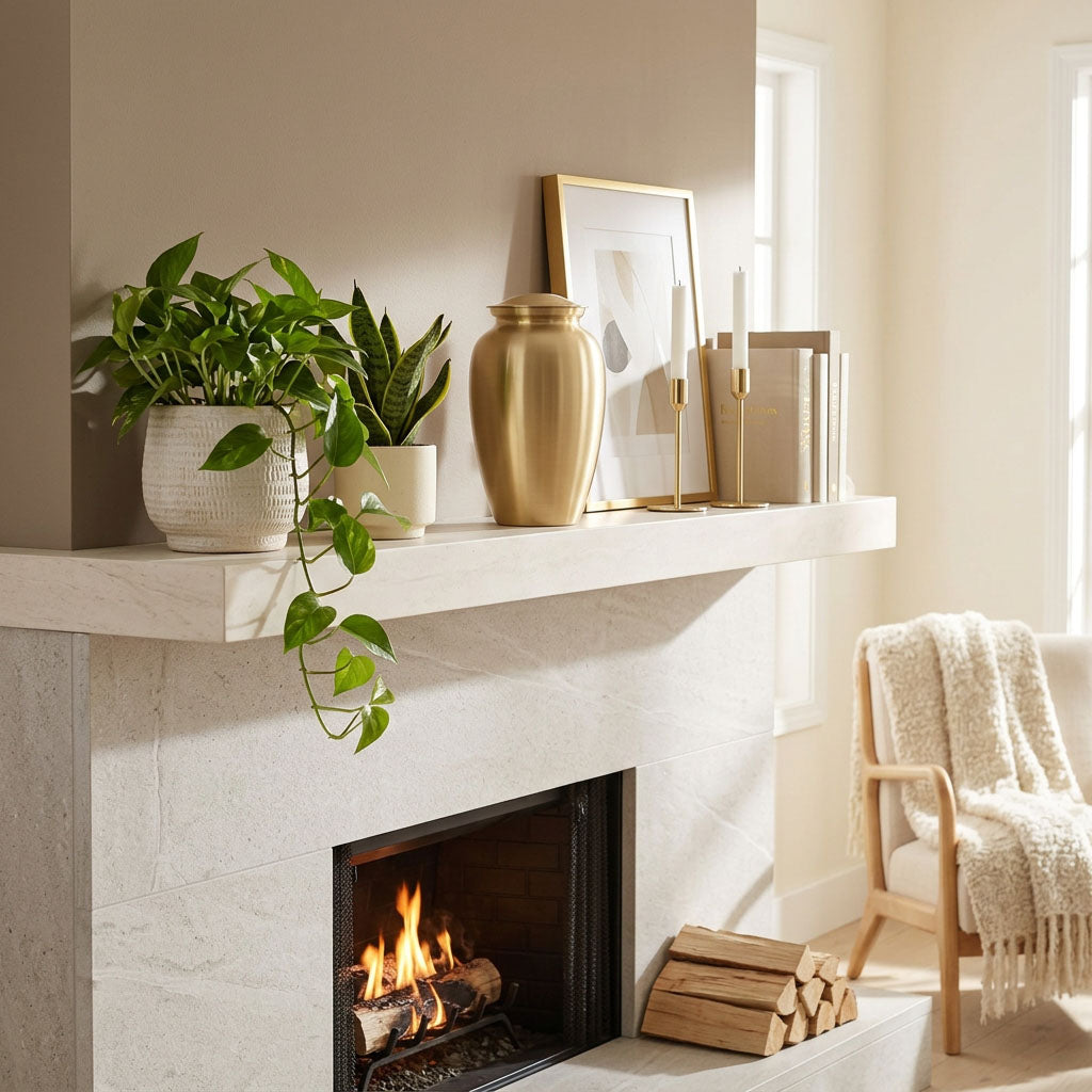 Golden metal cremation urn above a fireplace.
