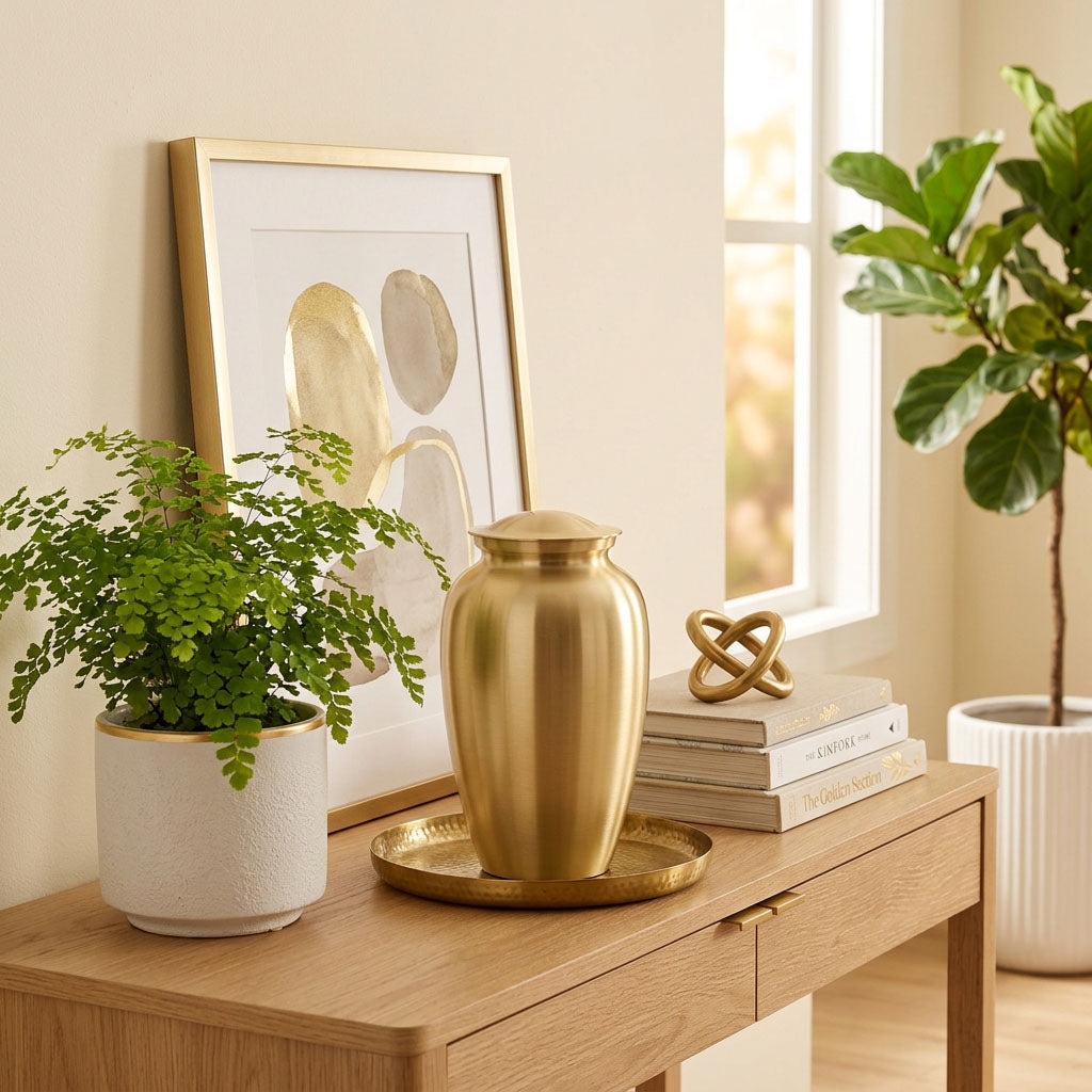 Golden metal cremation urn in a home decor setting.