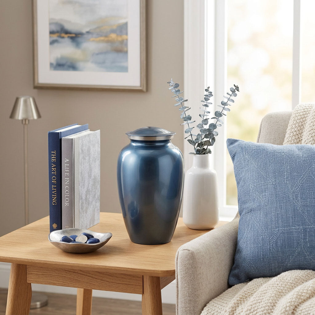 Traditional blue metal cremation urn in a home decor setting.