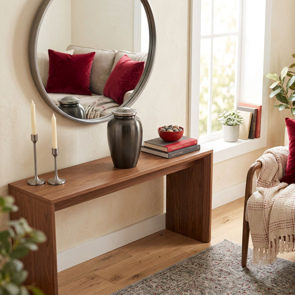 Classic slate metal cremation urn in a home decor setting.