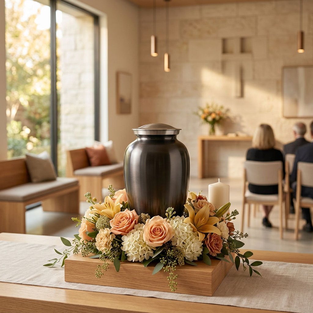 Classic slate metal cremation urn in a funeral service setting.