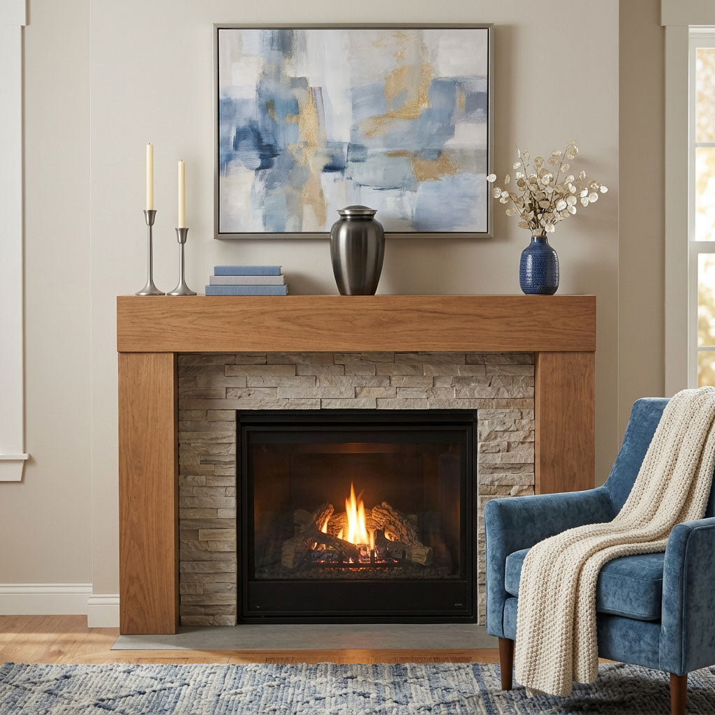 Classic slate metal cremation urn in a home decor setting above a fireplace.